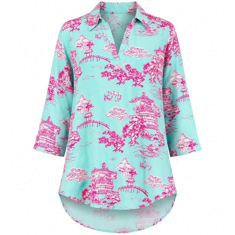 Top It Off Chinoiserie Tunic Top Womens S/M Aqua Pink Pagoda Toile Viscose Beach